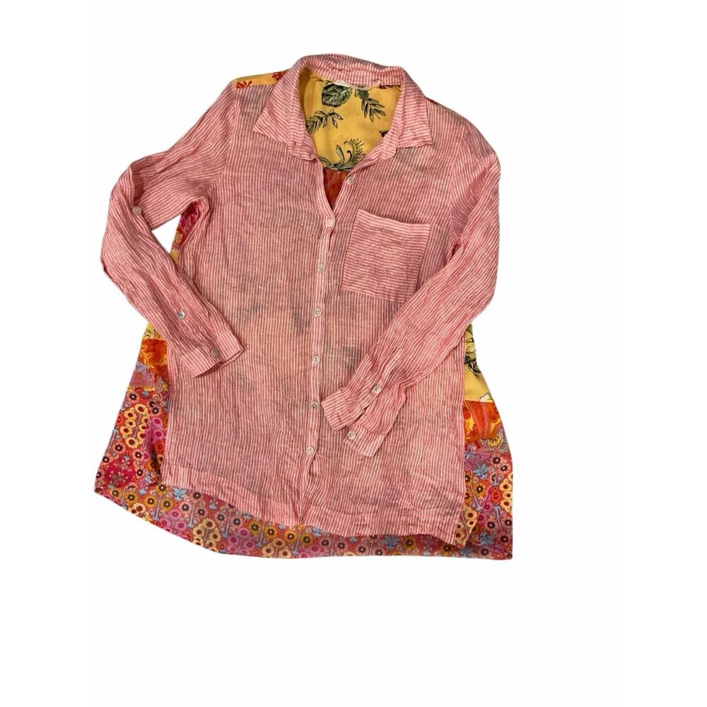 Soft Surroundings Women Size Medium Linen Island Patchwork Boho Top Button Shirt